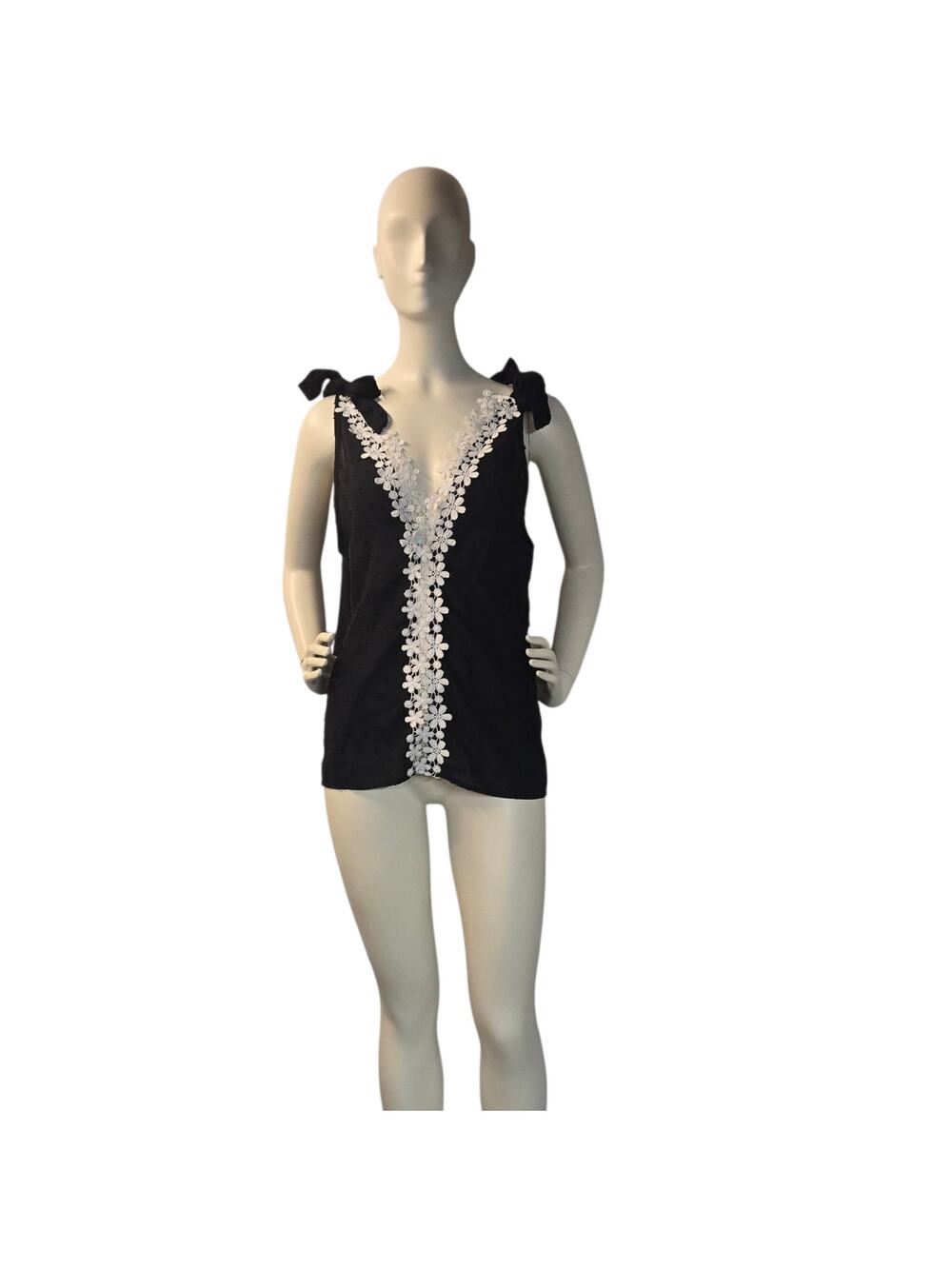 Romantic Sleeveless Sheer Black Blouse Shoulder Tie Top White Floral Cottagecore